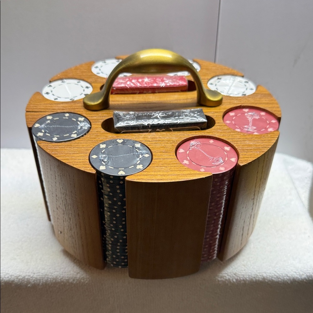 Wooden Poker Chip Set with Gold Handle - Black, Red, White Chips